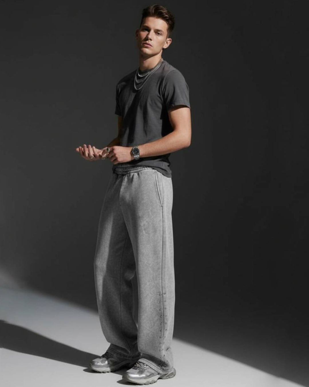 Wide Leg Cotton Sweatpants with Metallic Side Beads
